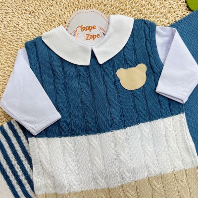 Saída de Maternidade Guilherme - Azul Jeans e Areia com Branco